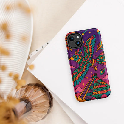 Colorful Aztec spirit bird iPhone case with tribal design and pyramid, MagSafe compatible
