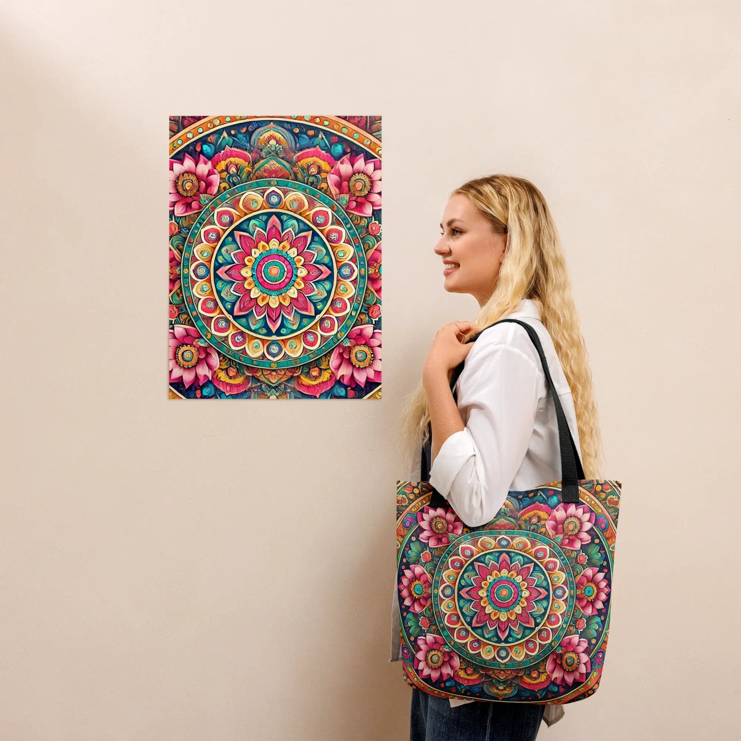 Bohemian Mandala Tote Bag with colorful design
