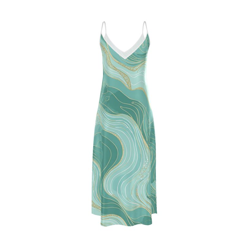 minimalist slip dress far east inspired turquoise gold elegant model