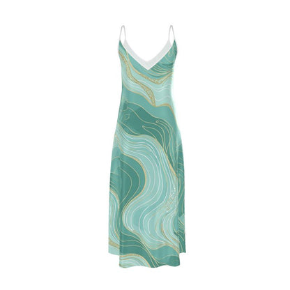 minimalist slip dress far east inspired turquoise gold elegant model