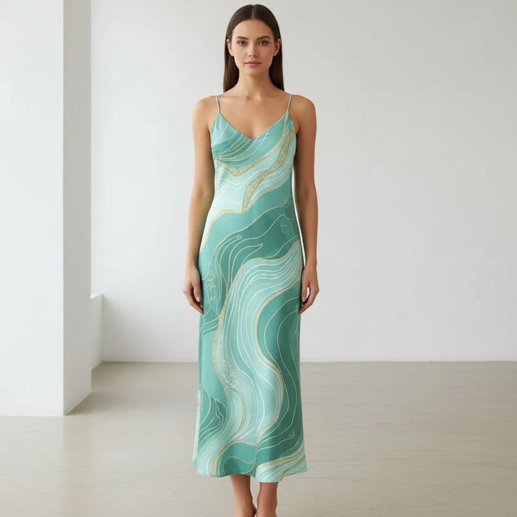 minimalist slip dress far east inspired turquoise gold elegant model