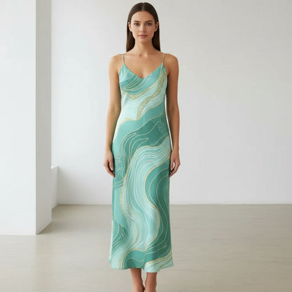 minimalist slip dress far east inspired turquoise gold elegant model