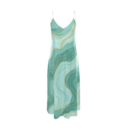 minimalist slip dress far east inspired turquoise gold elegant model