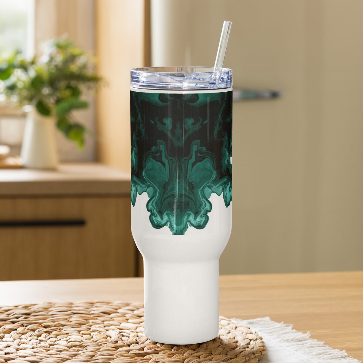 Fluid ink travel mug with handle 40oz featuring seamless black to white fade design minimal cultural style
