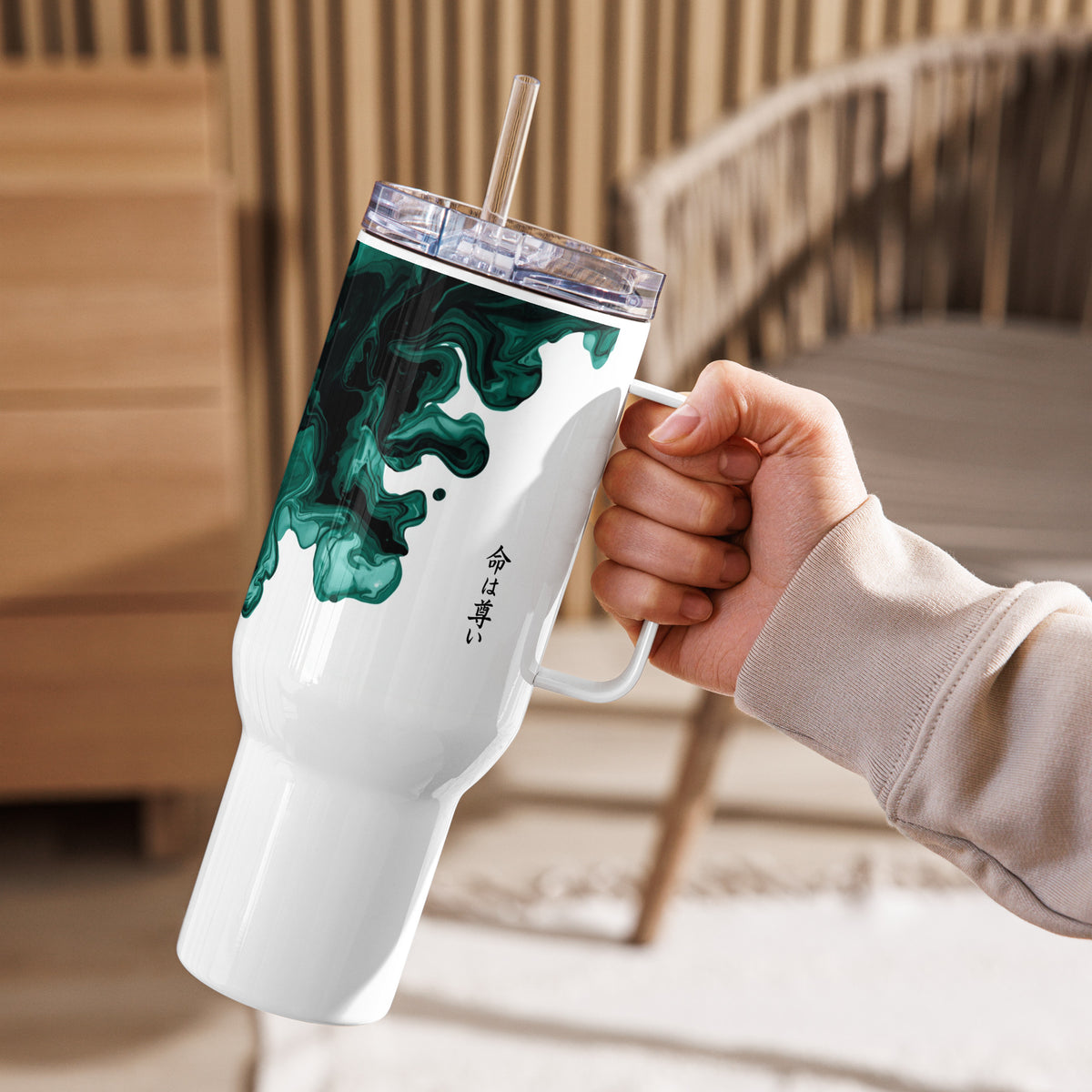 Fluid ink travel mug with handle 40oz featuring seamless black to white fade design minimal cultural style