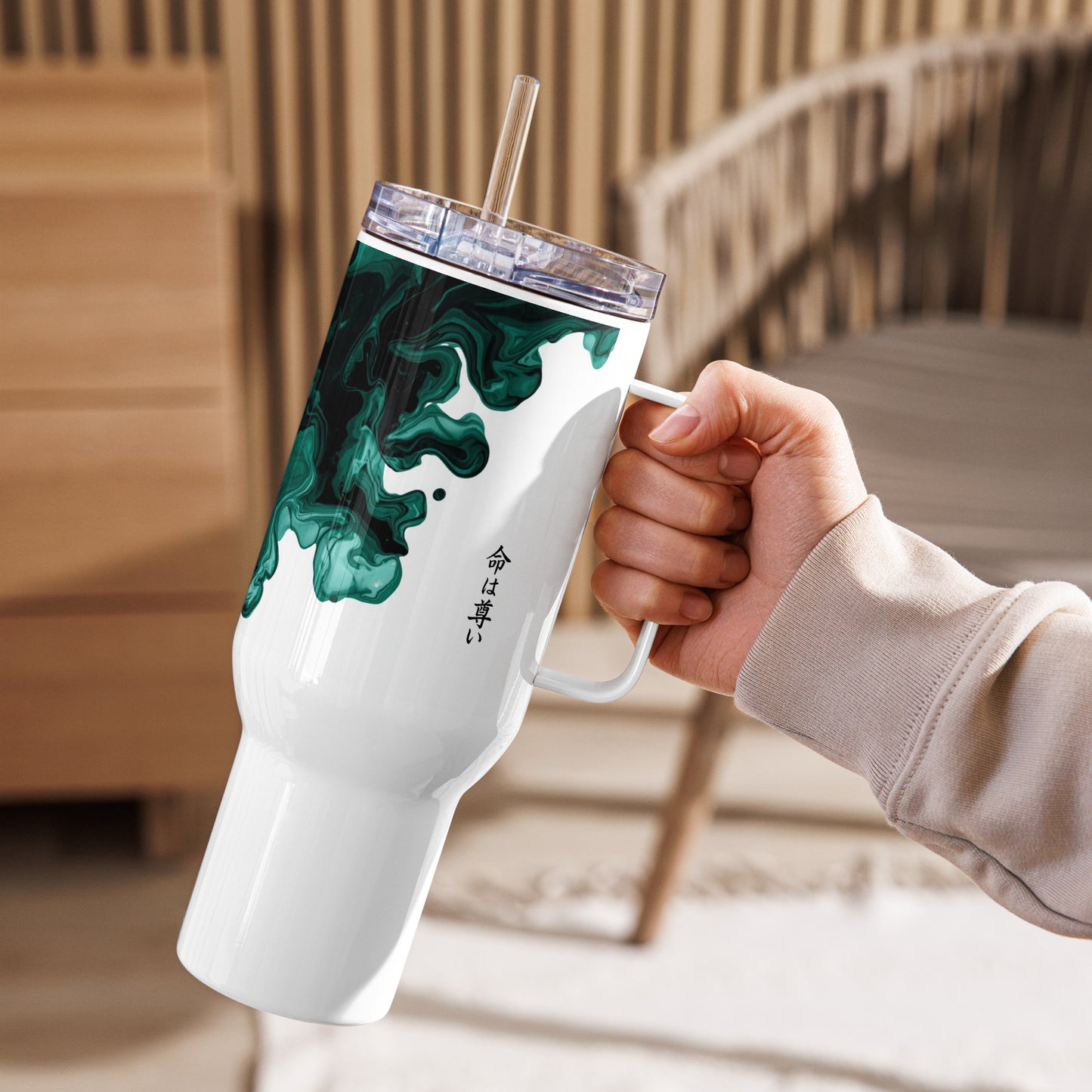 Fluid ink travel mug with handle 40oz featuring seamless black to white fade design minimal cultural style