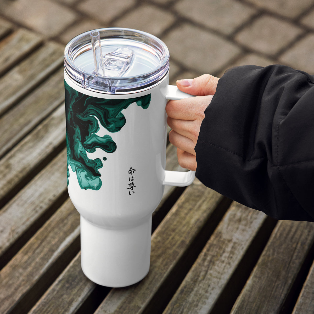 Fluid ink travel mug with handle 40oz featuring seamless black to white fade design minimal cultural style