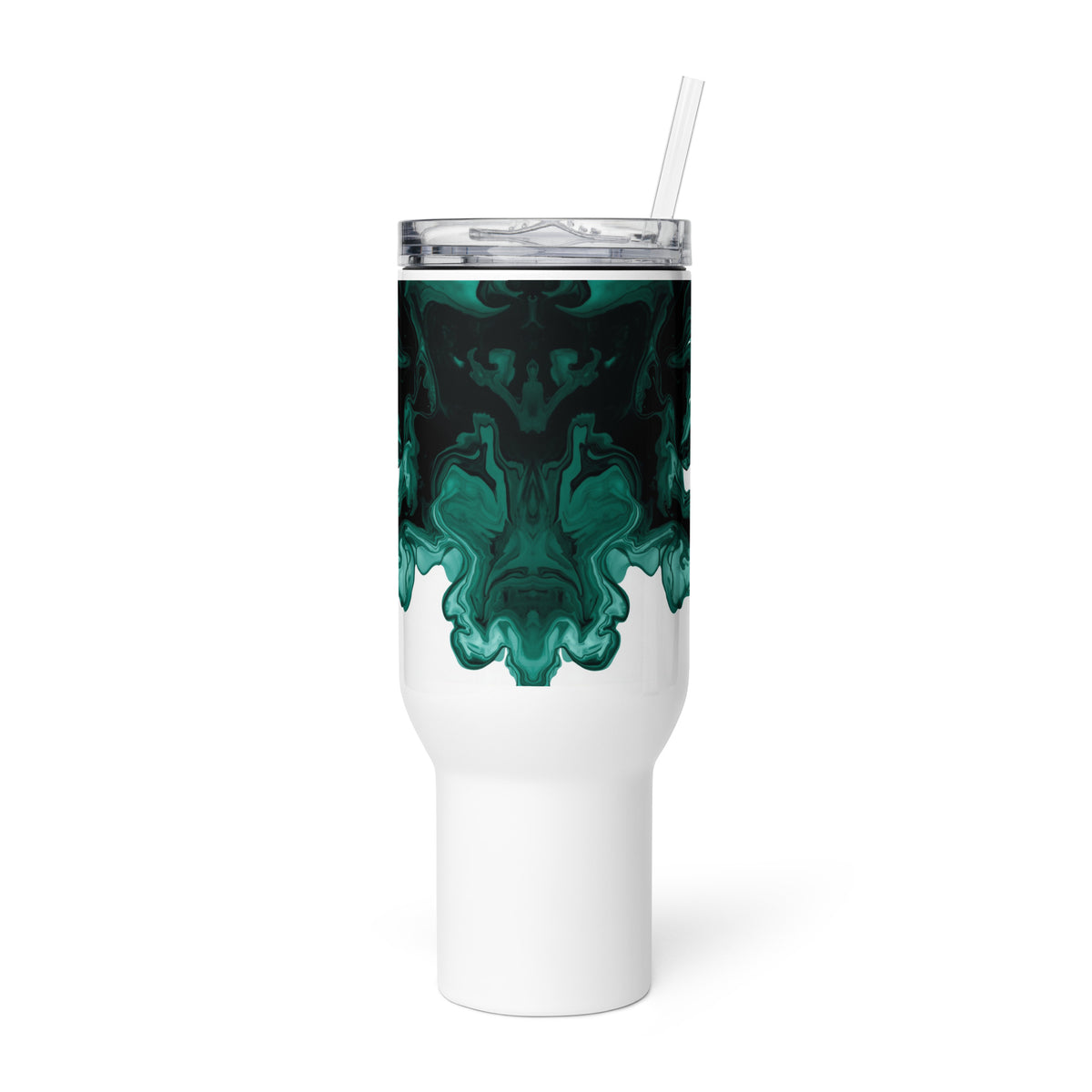 Fluid ink travel mug with handle 40oz featuring seamless black to white fade design minimal cultural style