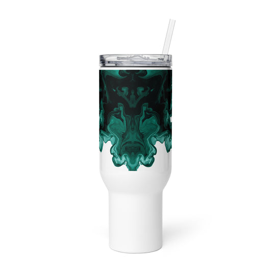 Fluid ink travel mug with handle 40oz featuring seamless black to white fade design minimal cultural style