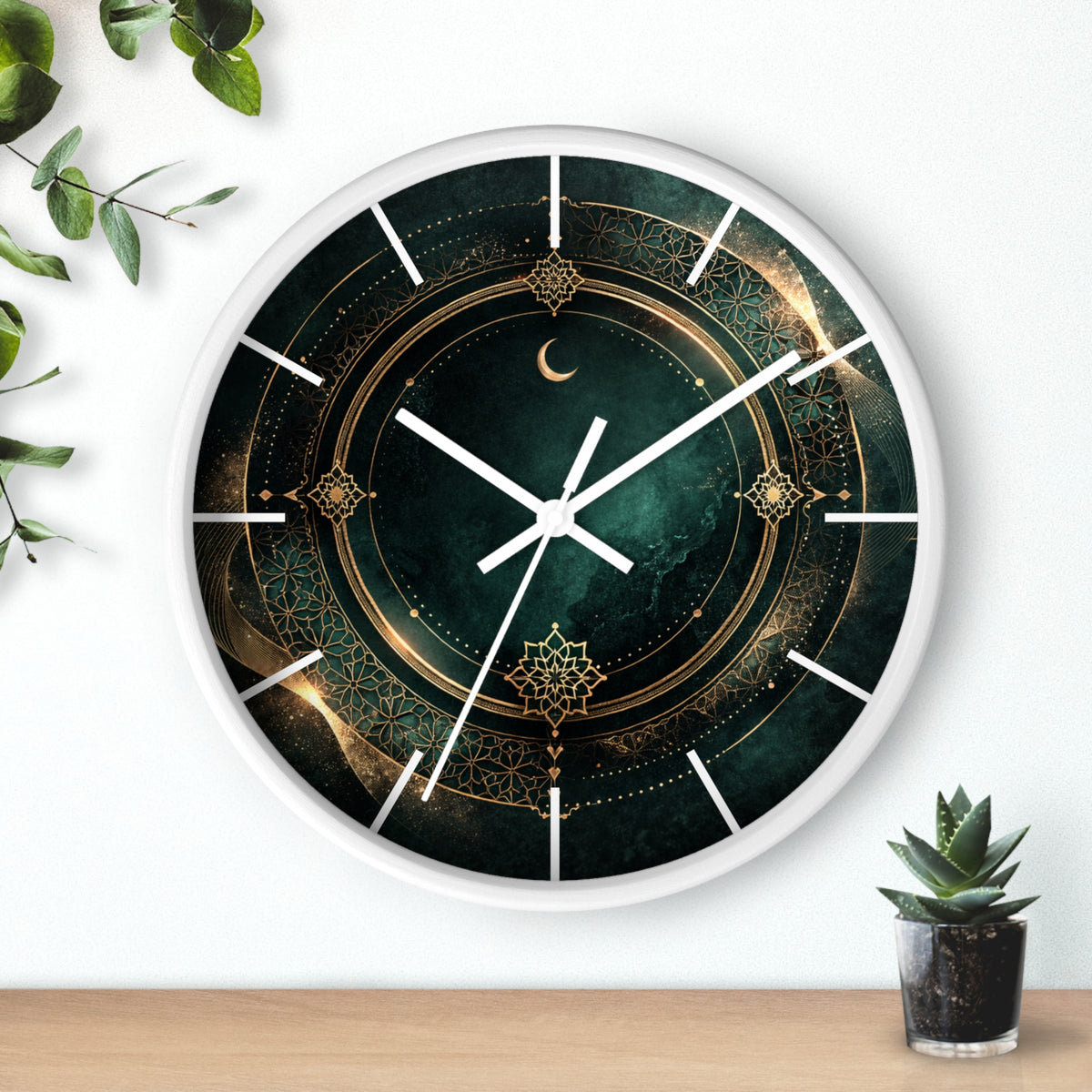 Islamic geometric emerald wall clock with crescent moon luxury design