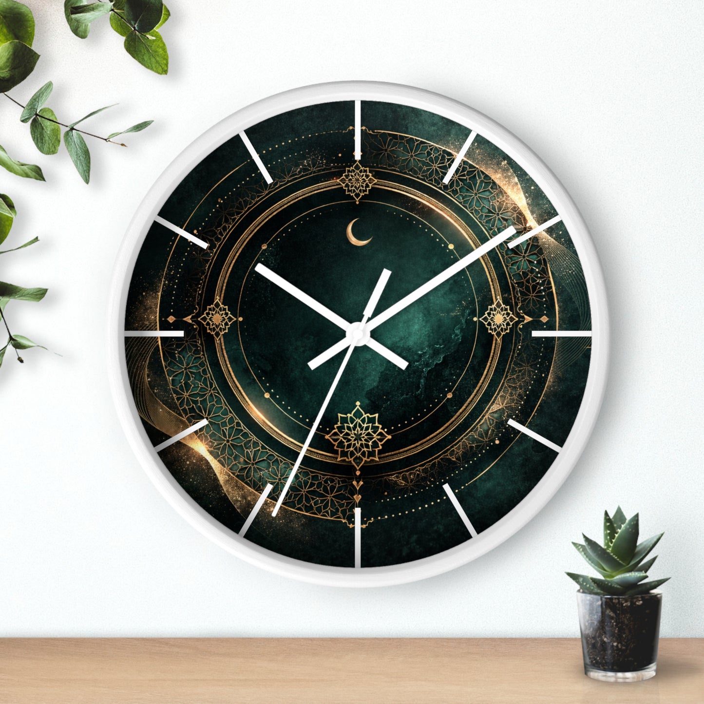 Islamic geometric emerald wall clock with crescent moon luxury design