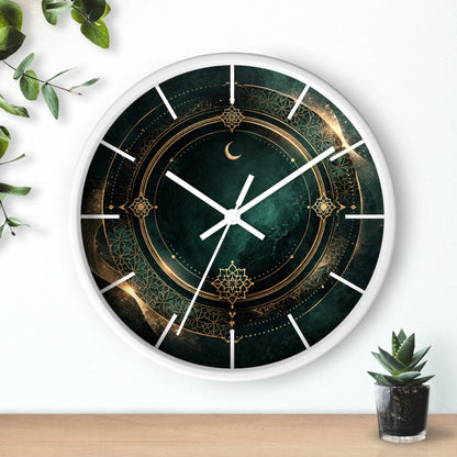 Islamic geometric emerald wall clock with crescent moon luxury design