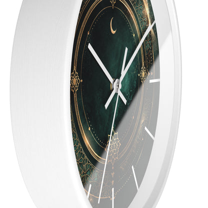 Islamic geometric emerald wall clock with crescent moon luxury design