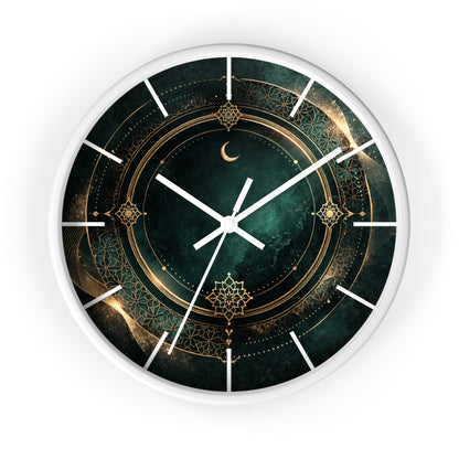 Islamic geometric emerald wall clock with crescent moon luxury design