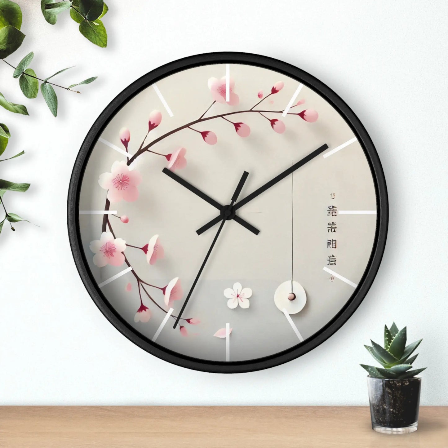 Japanese wall clock with minimalist cherry blossom design, featuring pink sakura flowers on a soft white background in a circular layout