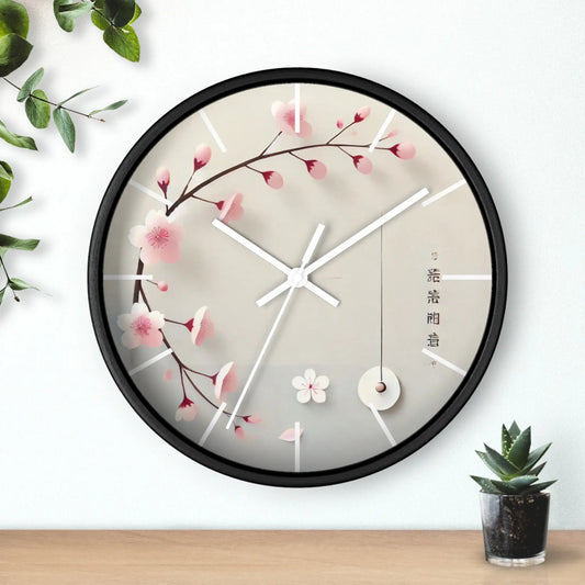 Japanese wall clock with minimalist cherry blossom design, featuring pink sakura flowers on a soft white background in a circular layout