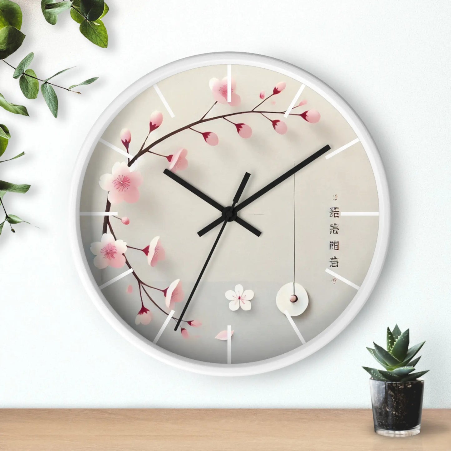 Japanese wall clock with minimalist cherry blossom design, featuring pink sakura flowers on a soft white background in a circular layout