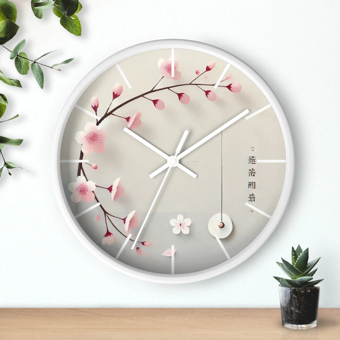 Japanese wall clock with minimalist cherry blossom design, featuring pink sakura flowers on a soft white background in a circular layout