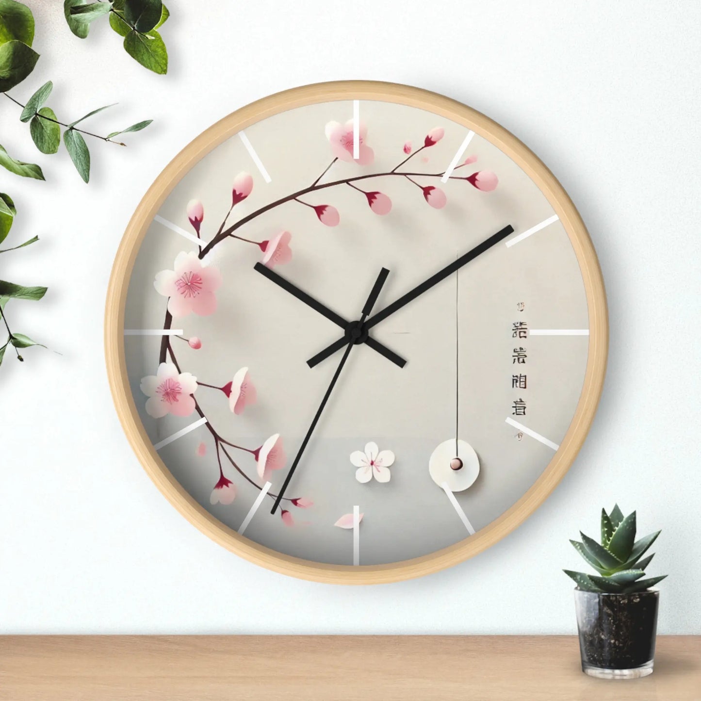 Japanese wall clock with minimalist cherry blossom design, featuring pink sakura flowers on a soft white background in a circular layout