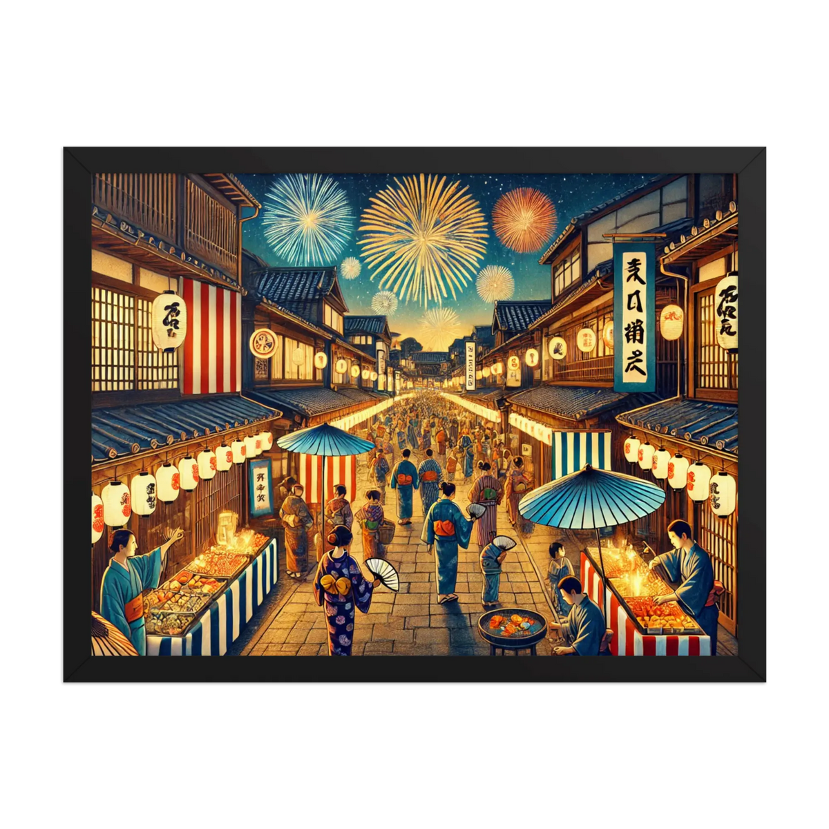 Framed Japanese summer festival art print featuring fireworks, lanterns, and night street scene. Printed on matte paper with Ayous wood frame, ready to hang.