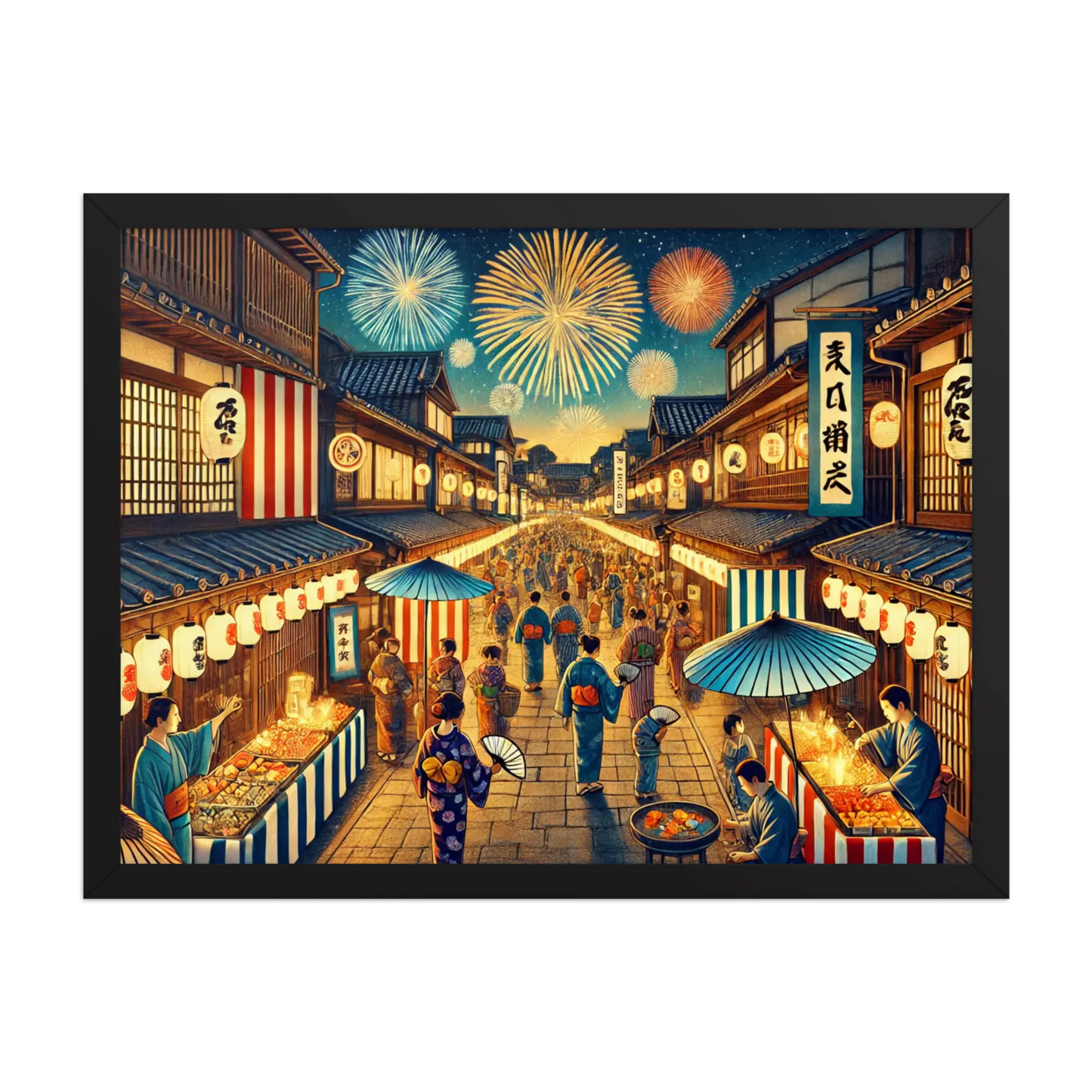 Framed Japanese summer festival art print featuring fireworks, lanterns, and night street scene. Printed on matte paper with Ayous wood frame, ready to hang.