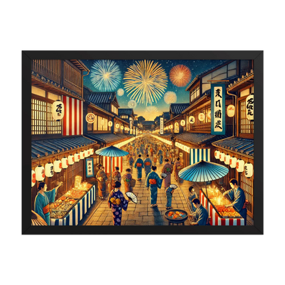 Framed Japanese summer festival art print featuring fireworks, lanterns, and night street scene. Printed on matte paper with Ayous wood frame, ready to hang.