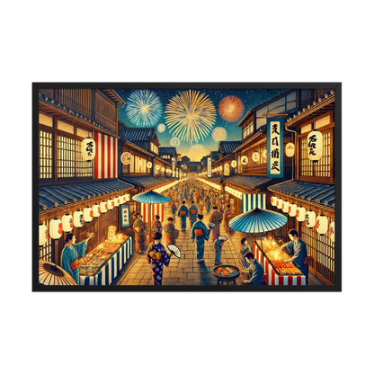 Framed Japanese summer festival art print featuring fireworks, lanterns, and night street scene. Printed on matte paper with Ayous wood frame, ready to hang.