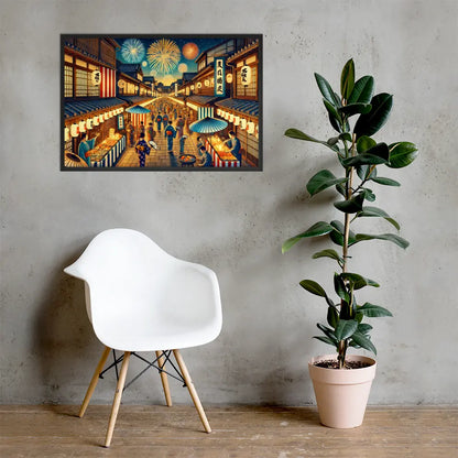 Framed Japanese summer festival art print featuring fireworks, lanterns, and night street scene. Printed on matte paper with Ayous wood frame, ready to hang.