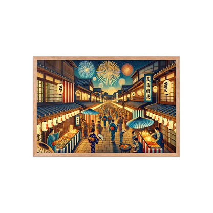 Framed Japanese summer festival art print featuring fireworks, lanterns, and night street scene. Printed on matte paper with Ayous wood frame, ready to hang.