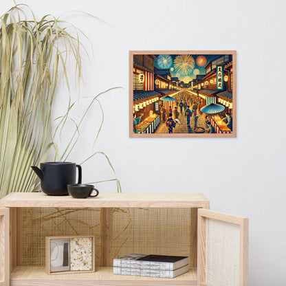 Framed Japanese summer festival art print featuring fireworks, lanterns, and night street scene. Printed on matte paper with Ayous wood frame, ready to hang.