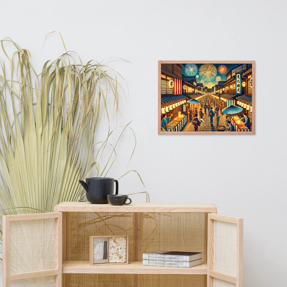 Framed Japanese summer festival art print featuring fireworks, lanterns, and night street scene. Printed on matte paper with Ayous wood frame, ready to hang.