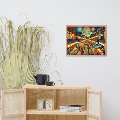 Framed Japanese summer festival art print featuring fireworks, lanterns, and night street scene. Printed on matte paper with Ayous wood frame, ready to hang.