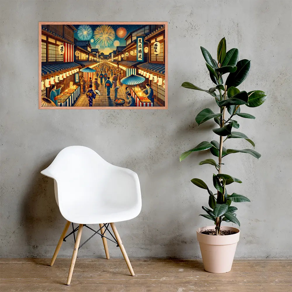 Framed Japanese summer festival art print featuring fireworks, lanterns, and night street scene. Printed on matte paper with Ayous wood frame, ready to hang.