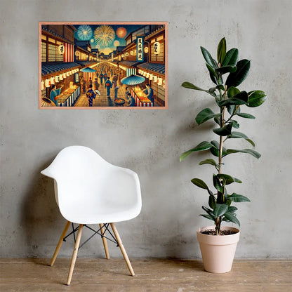 Framed Japanese summer festival art print featuring fireworks, lanterns, and night street scene. Printed on matte paper with Ayous wood frame, ready to hang.