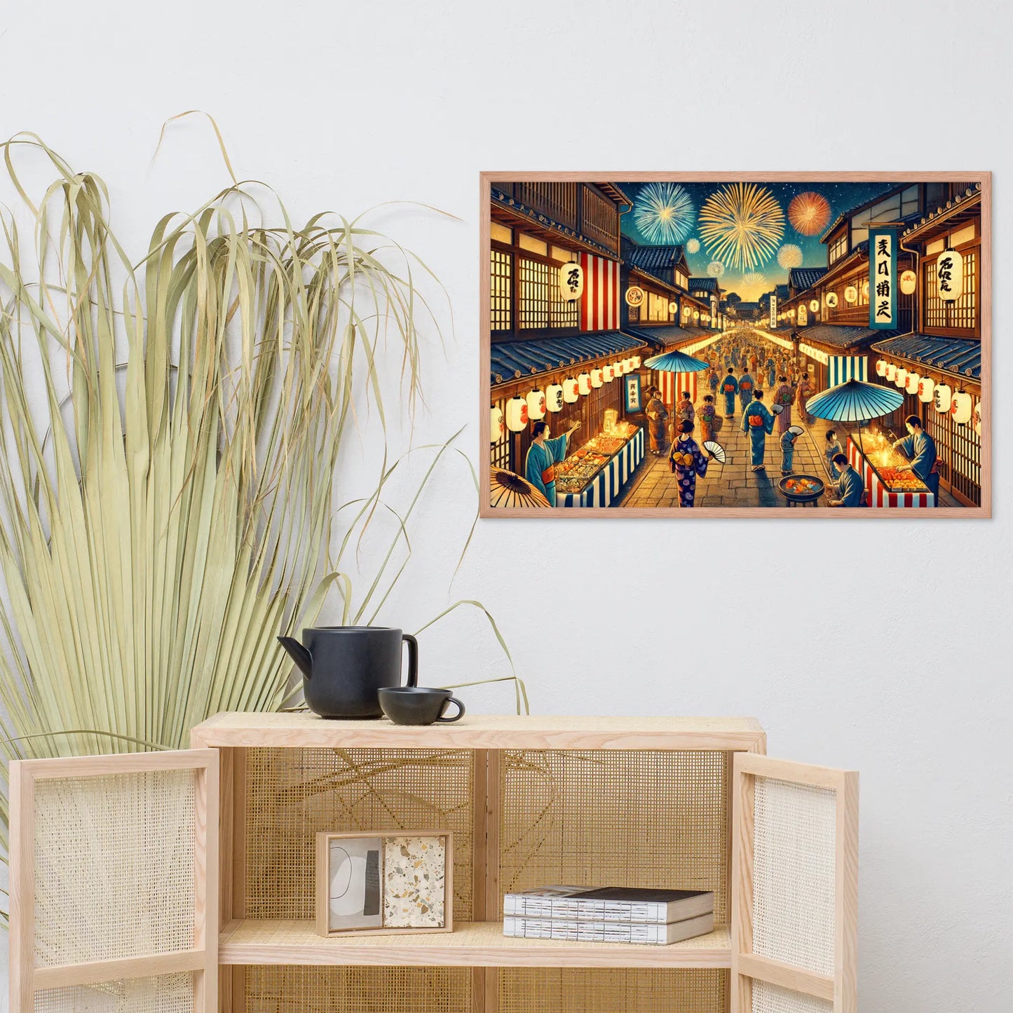 Framed Japanese summer festival art print featuring fireworks, lanterns, and night street scene. Printed on matte paper with Ayous wood frame, ready to hang.