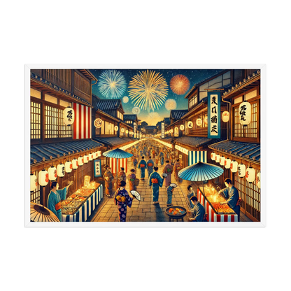Framed Japanese summer festival art print featuring fireworks, lanterns, and night street scene. Printed on matte paper with Ayous wood frame, ready to hang.