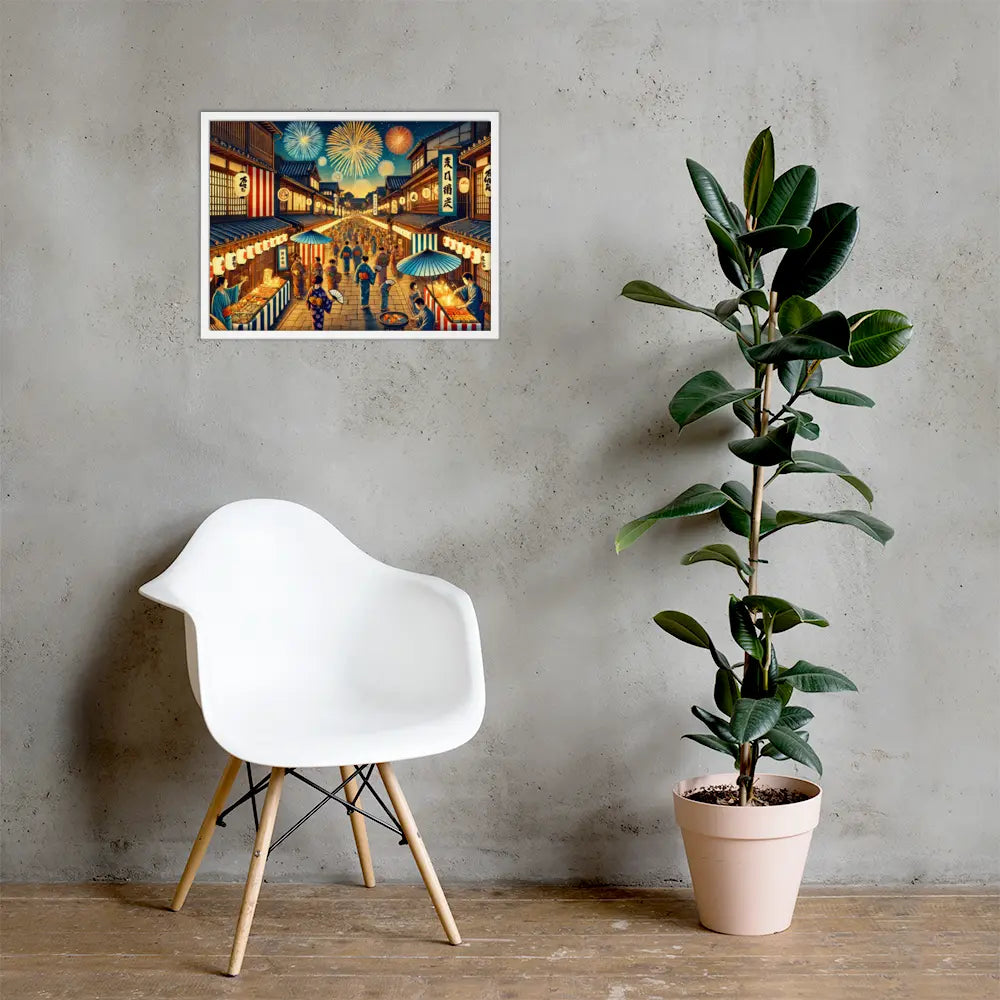 Framed Japanese summer festival art print featuring fireworks, lanterns, and night street scene. Printed on matte paper with Ayous wood frame, ready to hang.