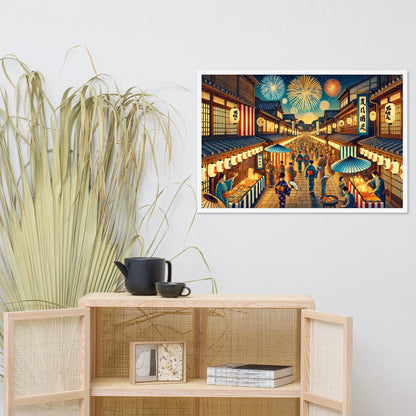 Framed Japanese summer festival art print featuring fireworks, lanterns, and night street scene. Printed on matte paper with Ayous wood frame, ready to hang.