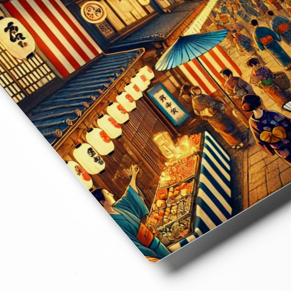 Wide Japanese street festival scene with lanterns, fireworks, and Yukata-clad people – vibrant night art on metal print for wall decor.