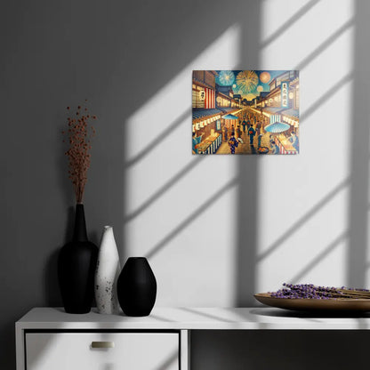 Wide Japanese street festival scene with lanterns, fireworks, and Yukata-clad people – vibrant night art on metal print for wall decor.