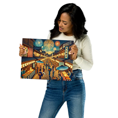 Wide Japanese street festival scene with lanterns, fireworks, and Yukata-clad people – vibrant night art on metal print for wall decor.