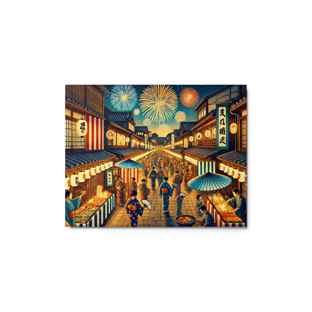 Wide Japanese street festival scene with lanterns, fireworks, and Yukata-clad people – vibrant night art on metal print for wall decor.