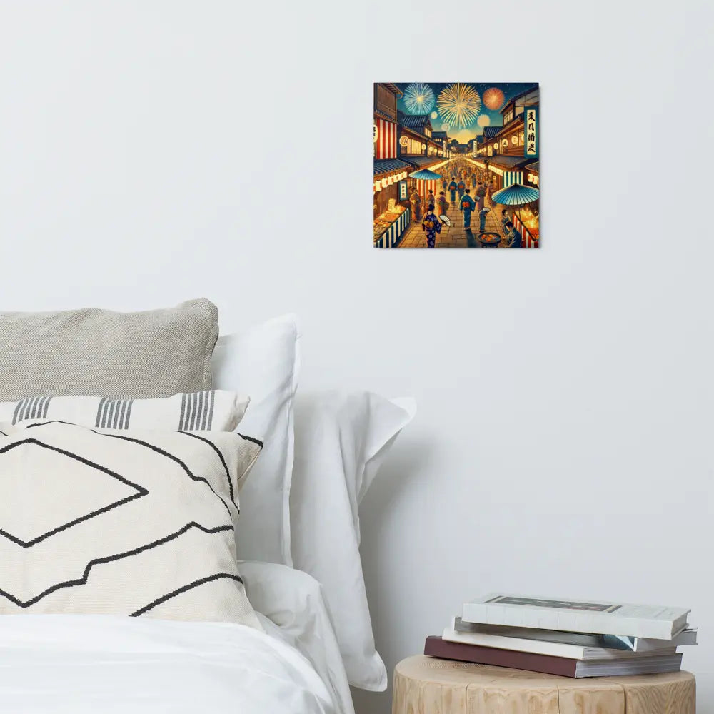Wide Japanese street festival scene with lanterns, fireworks, and Yukata-clad people – vibrant night art on metal print for wall decor.