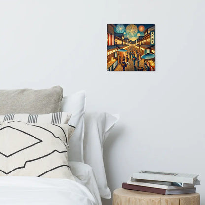 Wide Japanese street festival scene with lanterns, fireworks, and Yukata-clad people – vibrant night art on metal print for wall decor.