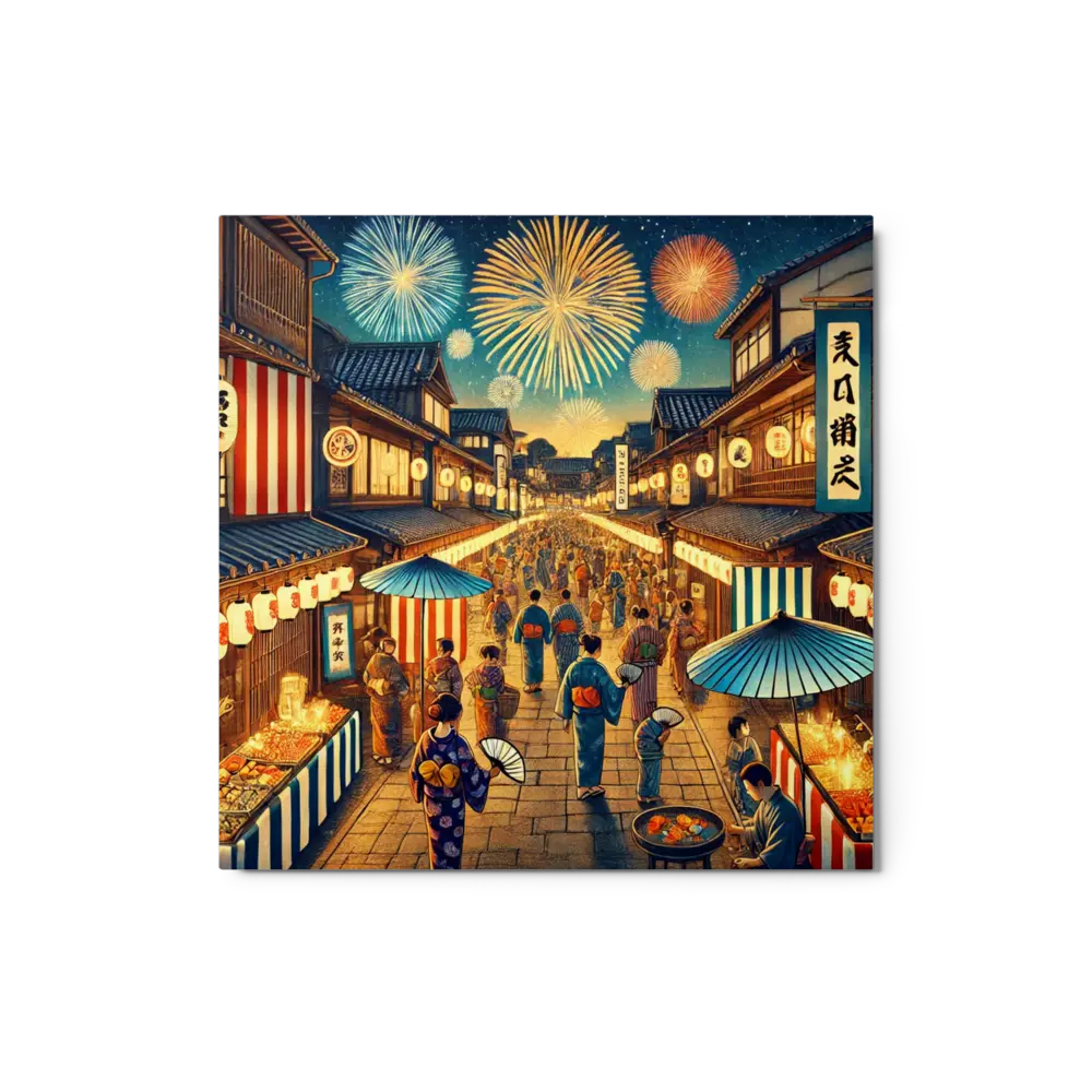 Wide Japanese street festival scene with lanterns, fireworks, and Yukata-clad people – vibrant night art on metal print for wall decor.