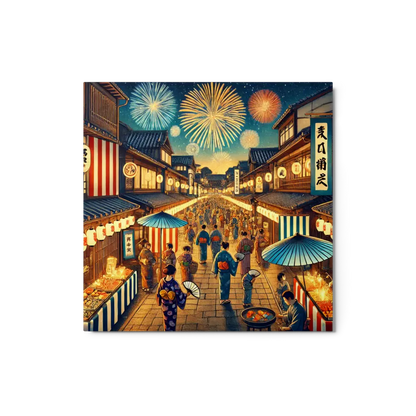 Wide Japanese street festival scene with lanterns, fireworks, and Yukata-clad people – vibrant night art on metal print for wall decor.