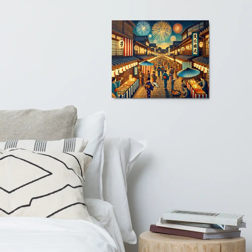 Wide Japanese street festival scene with lanterns, fireworks, and Yukata-clad people – vibrant night art on metal print for wall decor.