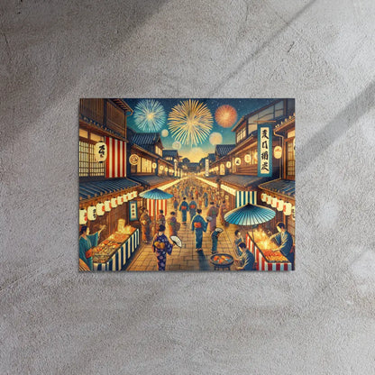 Wide Japanese street festival scene with lanterns, fireworks, and Yukata-clad people – vibrant night art on metal print for wall decor.