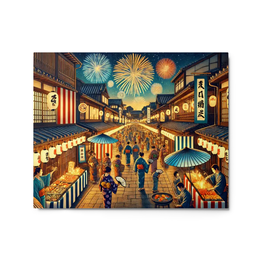 Wide Japanese street festival scene with lanterns, fireworks, and Yukata-clad people – vibrant night art on metal print for wall decor.