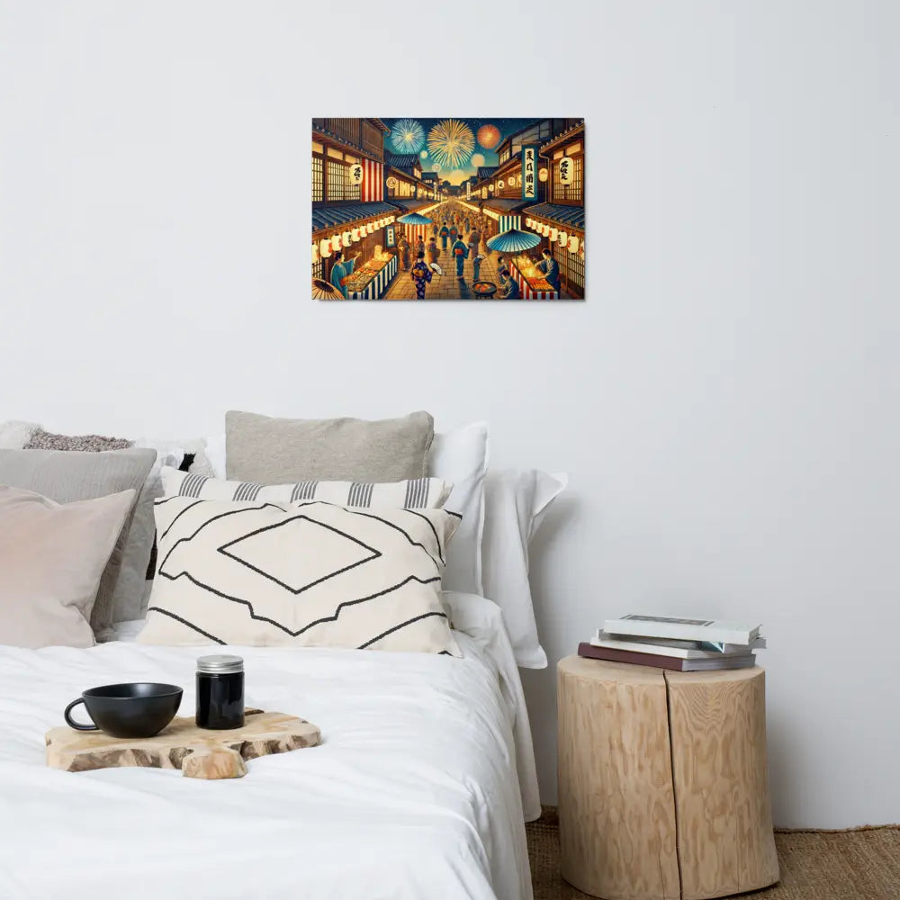Wide Japanese street festival scene with lanterns, fireworks, and Yukata-clad people – vibrant night art on metal print for wall decor.